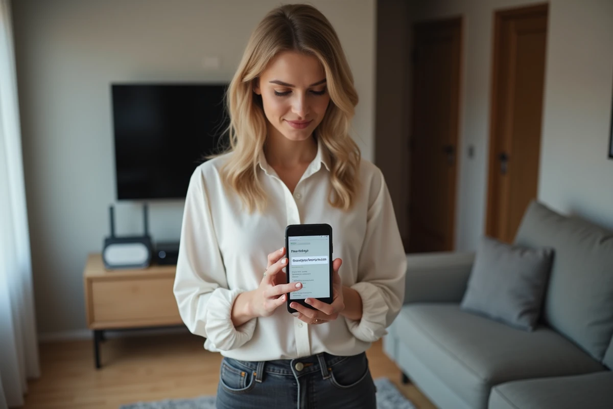 Femme accédant aux paramètres de sa Freebox depuis un smartphone dans un salon moderne avec routeur visible en arrière-plan