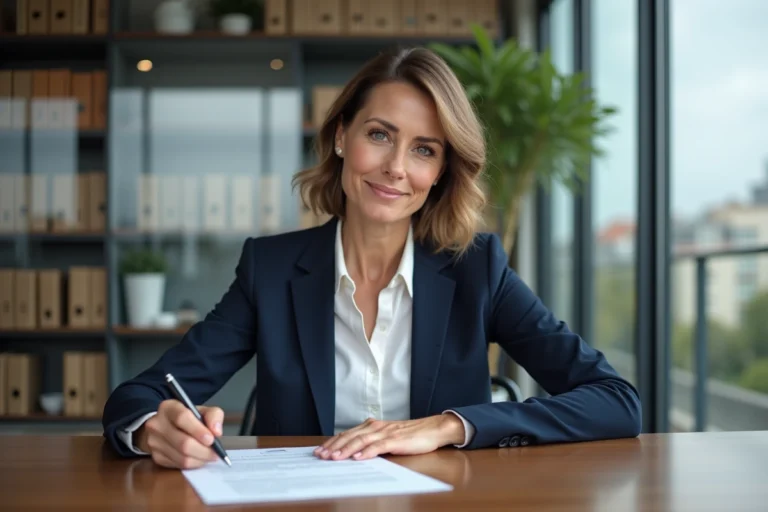 Agent immobilière examinant un compromis de vente à son bureau dans une agence moderne, stylo en main, taux d'intérêt immobilier en discussion