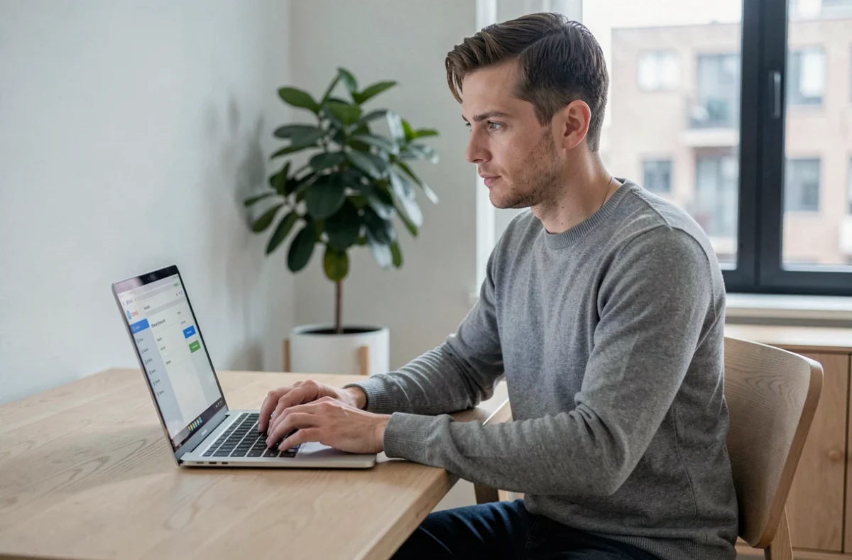 Homme consultant son application bancaire en ligne sur un ordinateur portable depuis son bureau à domicile