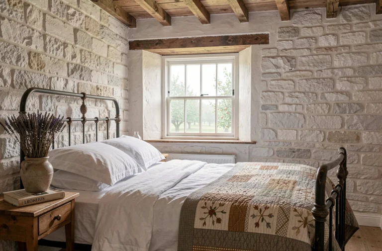 Chambre authentique d'une maison d'hôtes en Normandie avec poutres apparentes, murs en pierre et literie blanche