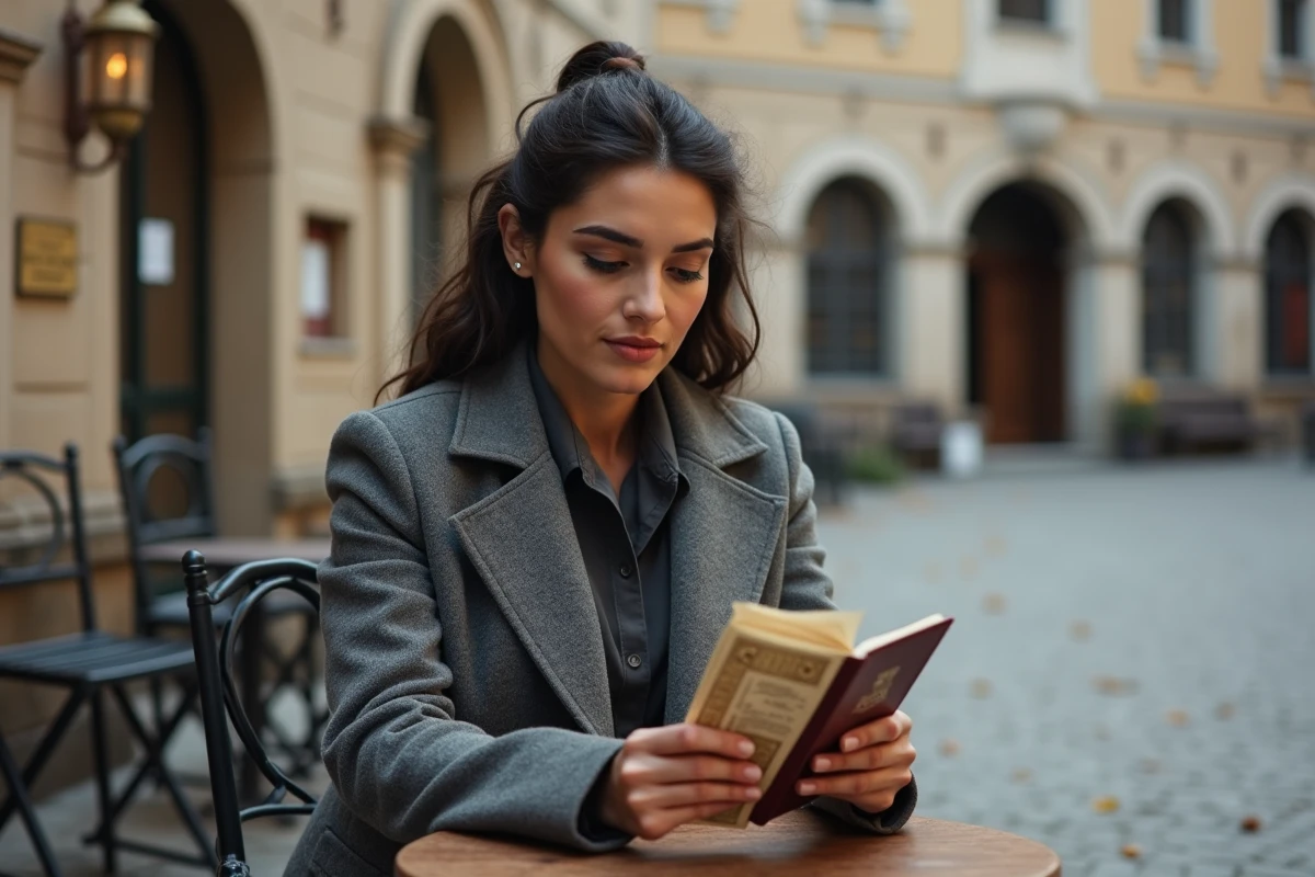 Femme étudiant un passeport et des documents d'identité anciens dans une place pavée européenne, symbolisant la découverte des origines et du parcours de Charla Carter