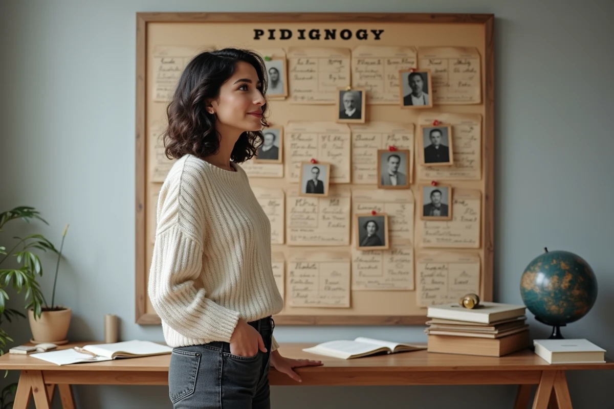 Femme debout devant un arbre généalogique manuscrit dans une salle de recherche, évoquant la quête des origines et de l'identité de Charla Carter