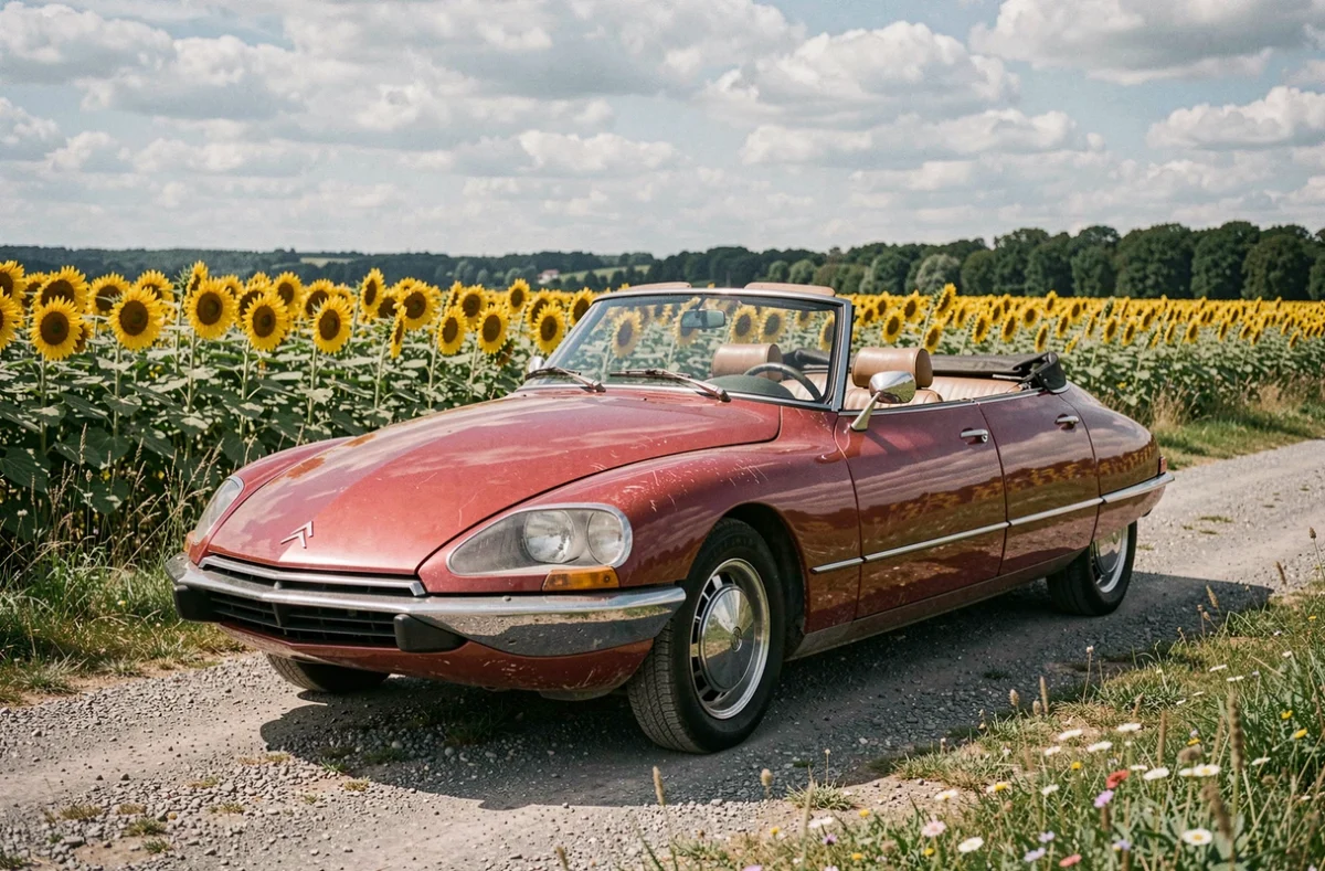 Citroën DS cabriolet rouge garée au bord d'une route de campagne française bordée de champs de tournesols, vue grand angle au ras du sol