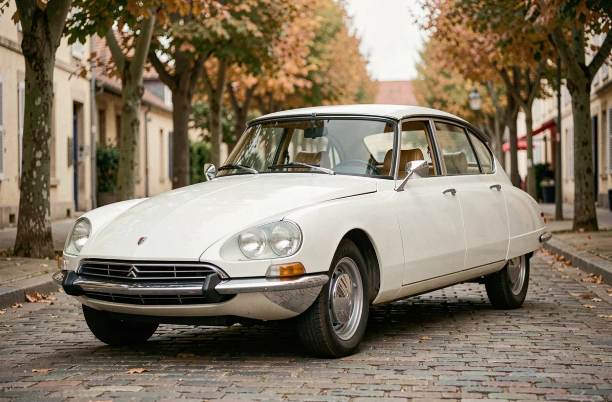 Citroën DS 21 Pallas blanche d'époque garée sur des pavés dans une rue de village français, vue trois-quarts avant sur fond de platanes aux feuilles d'automne