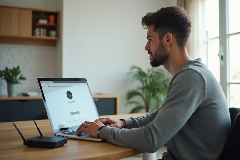 Homme connecté à l'interface d'administration de sa Freebox depuis un ordinateur portable sur un bureau en bois à la maison