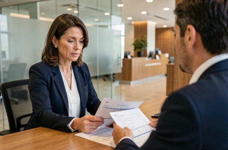 Femme professionnelle en réunion avec un conseiller bancaire dans une agence moderne, examinant des documents financiers