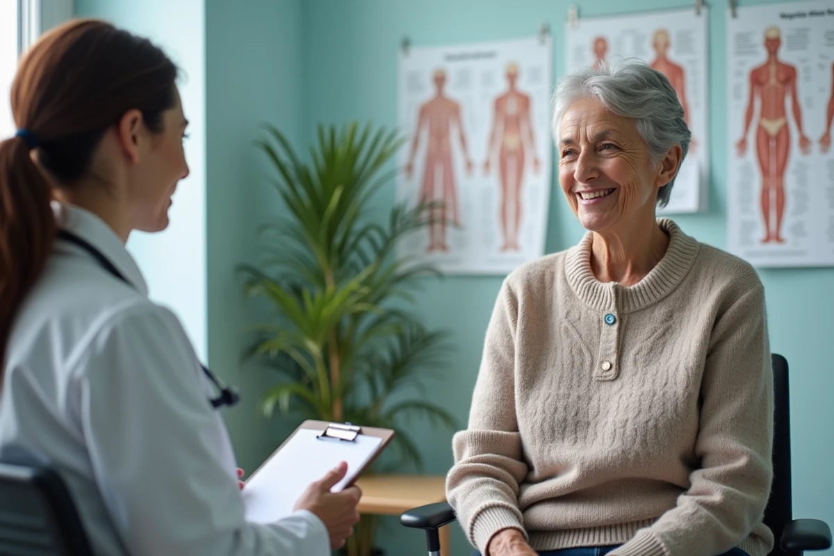 Femme de soixante ans en consultation médicale pour comprendre les changements hormonaux et la prise de volume mammaire avec l'âge
