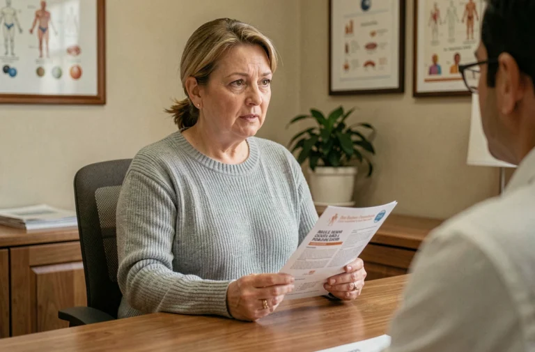 Patiente d'une quarantaine d'années en consultation médicale, écoutant les conseils de son médecin dans un cabinet au décor chaleureux