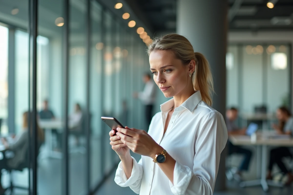 Femme en bureau utilisant son téléphone pour joindre Uber Eats sans attente