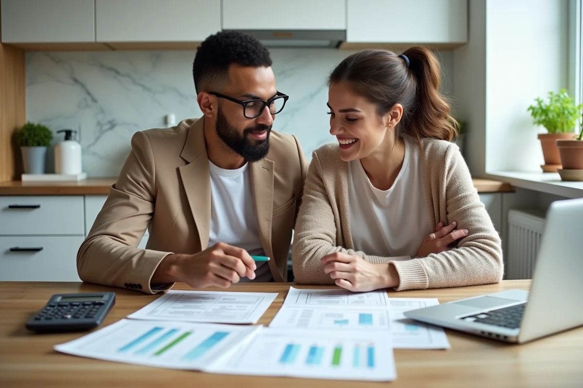 Couple étudiant les taux immobiliers à insérer dans un compromis de vente autour d'une table avec des documents et un ordinateur portable