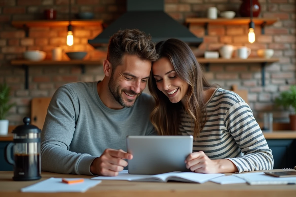 Couple recherchant des annonces immobilières sur une tablette ensemble dans leur cuisine, avec des notes manuscrites et des critères de sélection