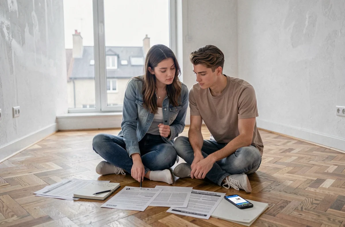 Couple assis sur le parquet d'un appartement vide en train de planifier leur recherche de location sans revenus stables