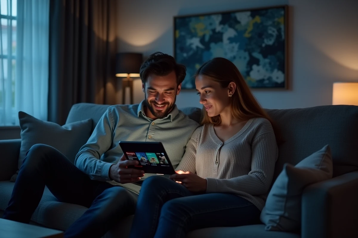 Couple partageant une tablette pour trouver un site de streaming de films français fiable en soirée