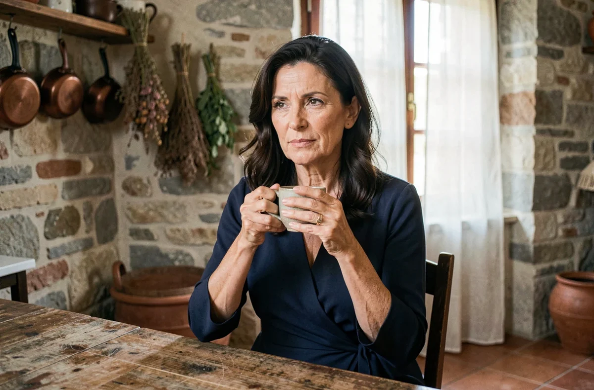 Femme italienne pensive dans une cuisine rustique italienne, portrait intimiste illustrant la vie discrète et quotidienne d'Enrica Cenzatti