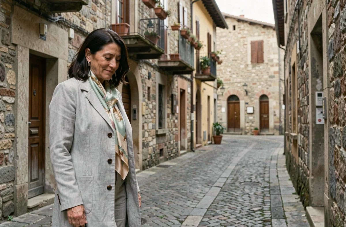 Femme italienne élégante marchant dans une ruelle pavée d'une petite ville toscane, portrait éditorial discret évoquant la vie privée d'Enrica Cenzatti
