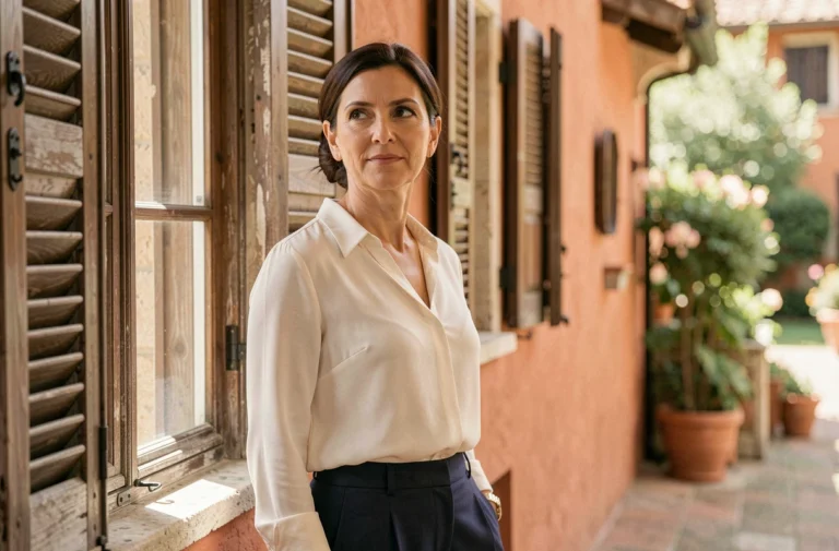 Femme italienne élégante et discrète près d'une fenêtre en pierre d'une villa toscane, évoquant la vie privée d'Enrica Cenzatti