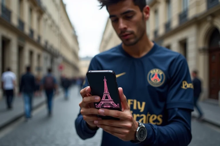 Fan du PSG tenant un iPhone avec un fond d'écran PSG dans une rue parisienne