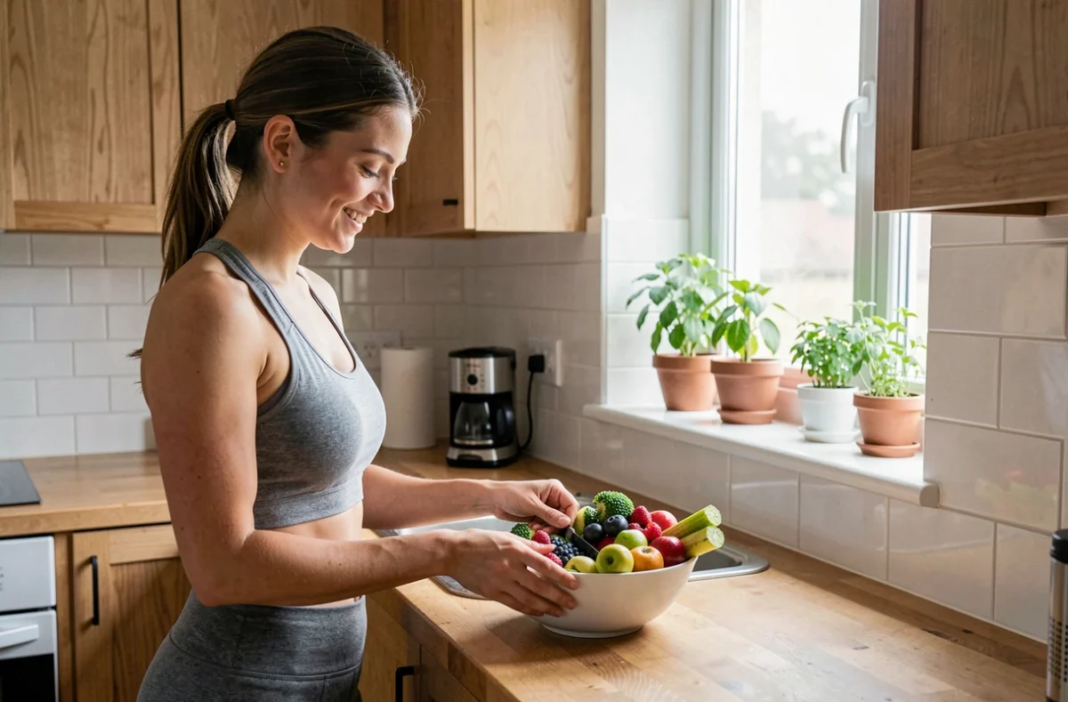 Jeune femme en tenue décontractée préparant un bol de fruits et légumes frais dans une cuisine lumineuse, illustrant une routine de prévention santé
