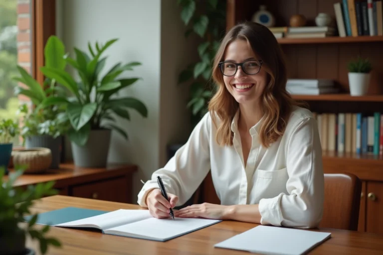 Femme souriante remplissant un formulaire de concours dans un bureau cosy