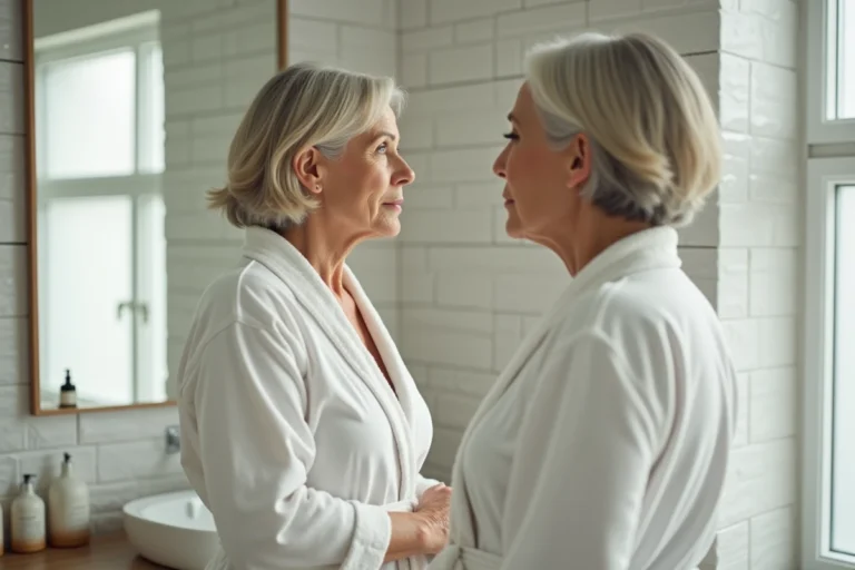 Femme d'une quarantaine d'années se regardant dans le miroir de sa salle de bain, reflétant les changements corporels liés à l'âge