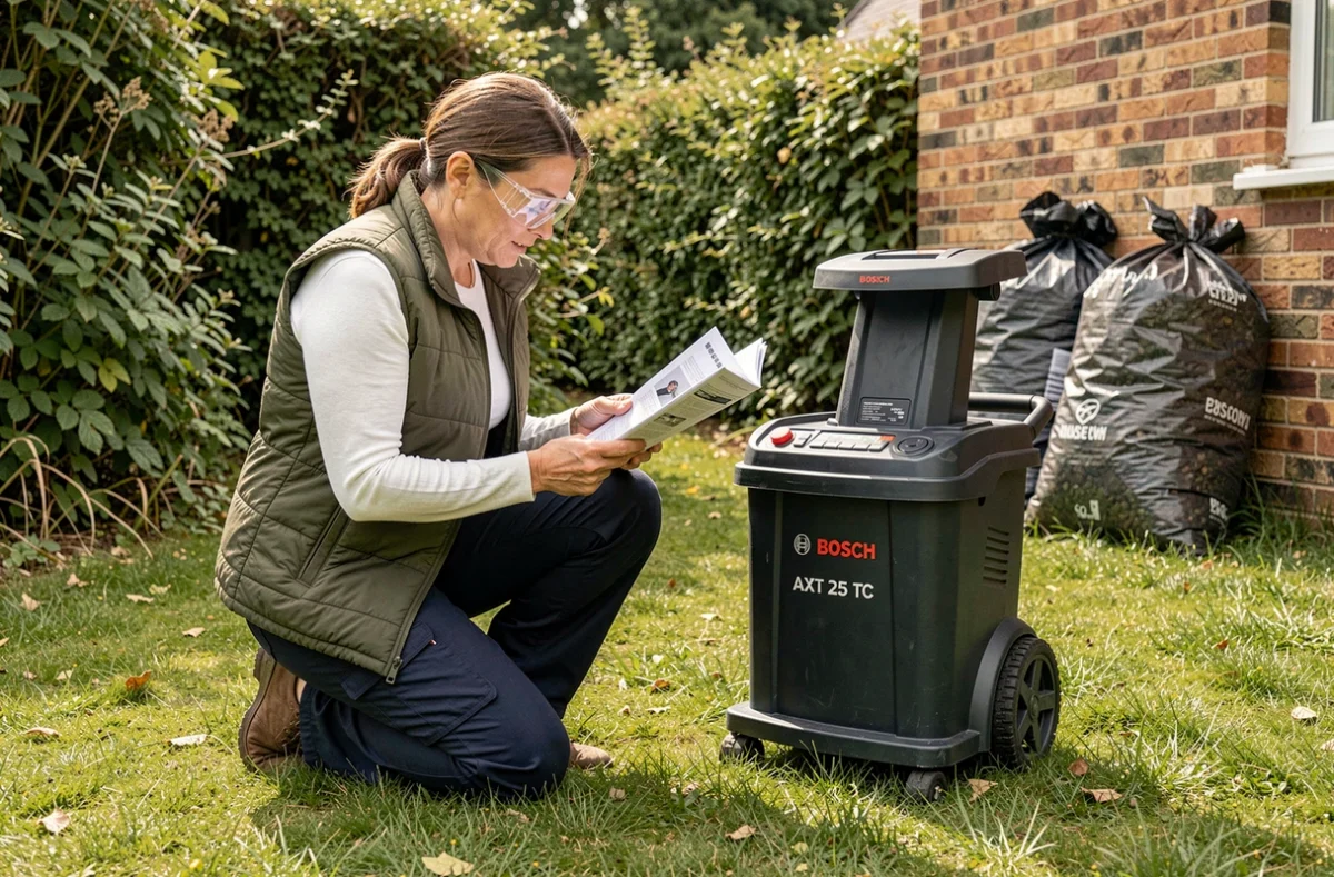 Femme consultant le manuel d'utilisation du broyeur Bosch AXT 25 TC dans un jardin résidentiel avec haies et compost