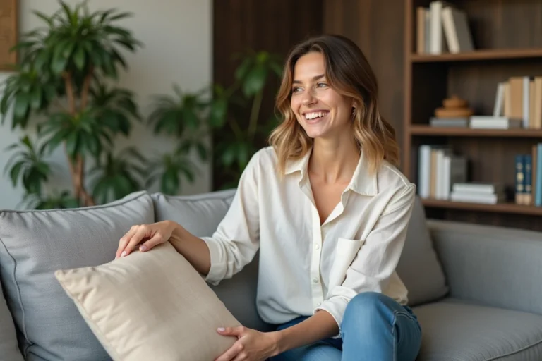 Jeune femme arrangeant des coussins dans un salon moderne