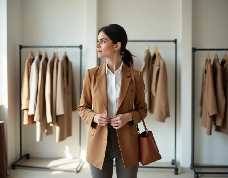 Femme élégante en blazer camel faisant du shopping dans une boutique de mode minimaliste parisienne