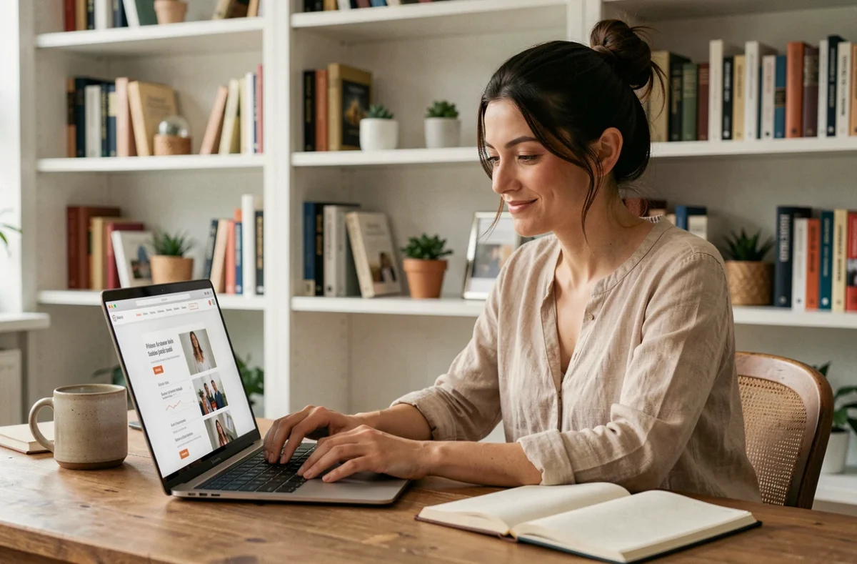Femme parcourant un plan du site sur son ordinateur portable dans un bureau cosy à domicile