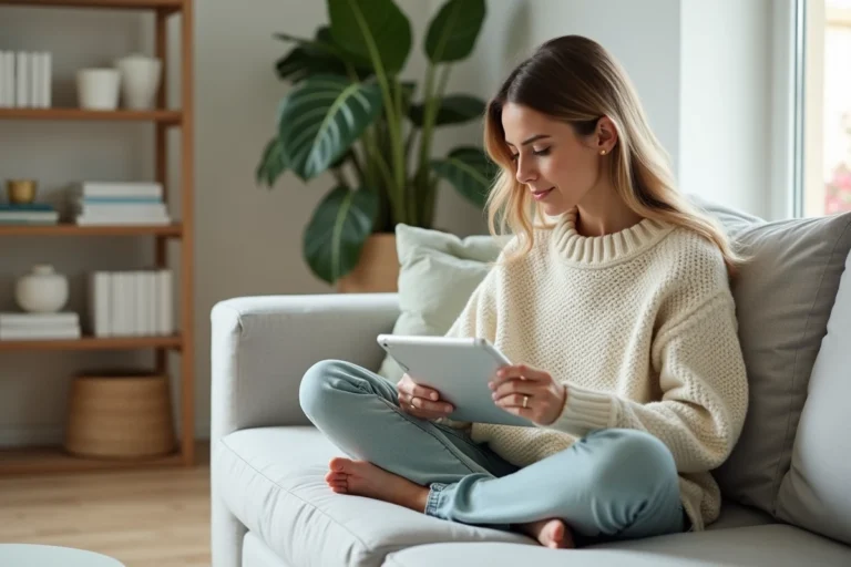 Femme parcourant un site d'inspiration déco sur une tablette dans un salon scandinave épuré