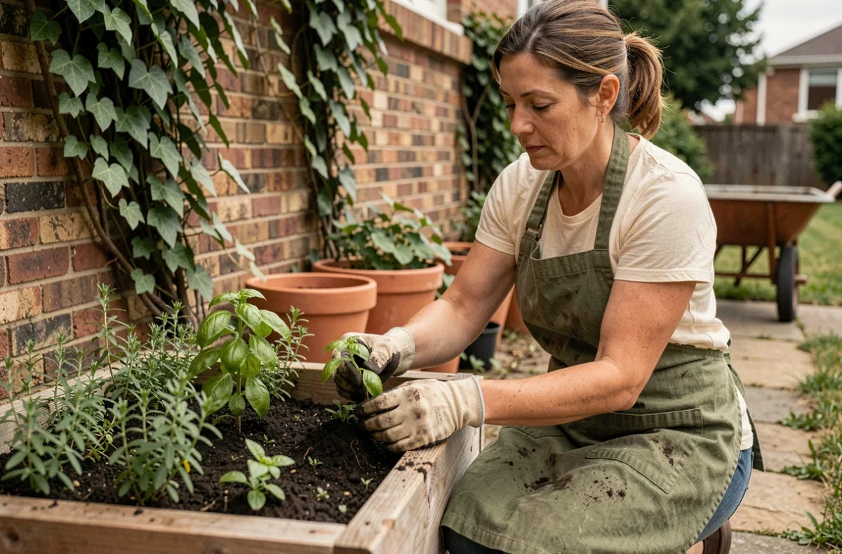 Femme jardinière replantant des herbes aromatiques dans un potager surélevé en bois dans un jardin de banlieue