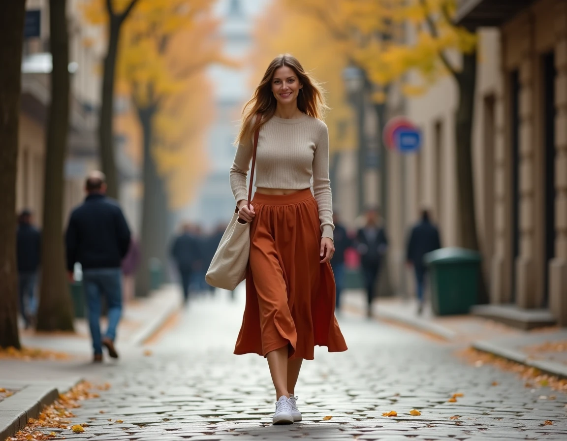 Femme moderne et souriante marchant dans une rue pavée européenne avec une tenue casual-chic en terracotta