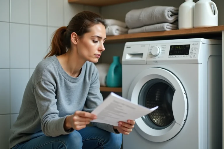 Femme consultant la notice papier de sa machine à laver Valberg dans une buanderie moderne