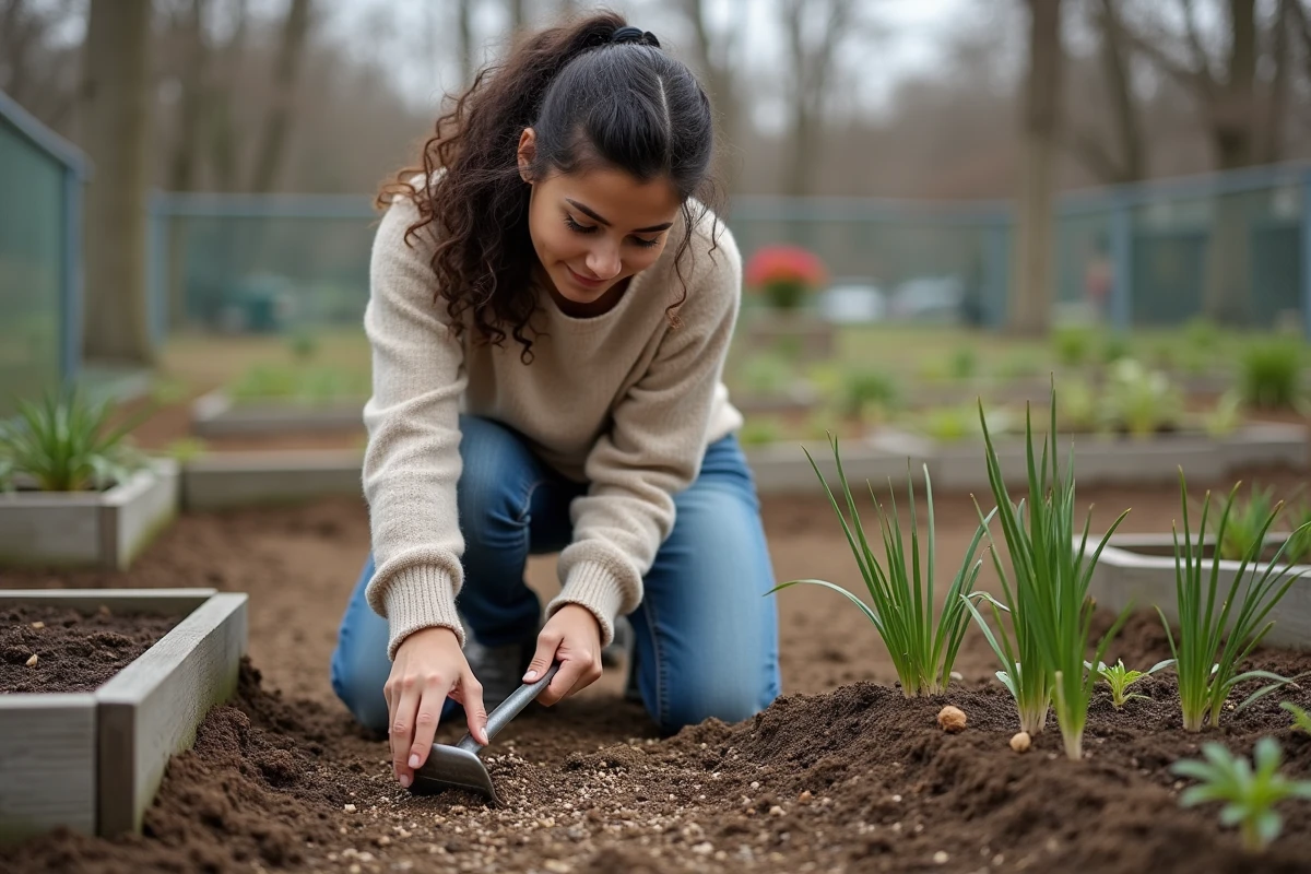 Jeune femme couvrant des graines dans un jardin communautaire