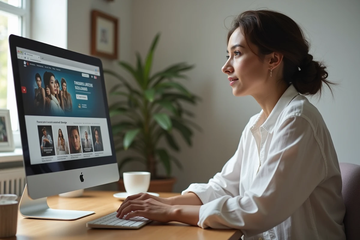 Femme cherchant une adresse de French Stream fiable sur son ordinateur de bureau à domicile