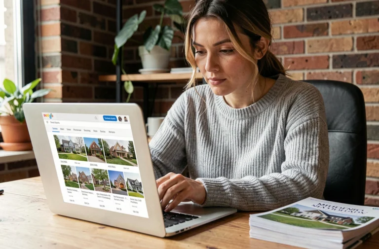 Femme recherchant des biens immobiliers en ligne sur son ordinateur portable dans un bureau à domicile