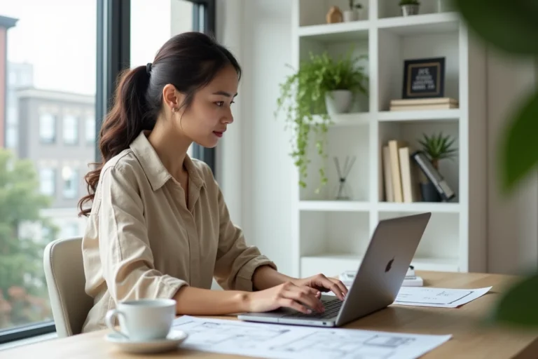 Femme consultant une plateforme immobilière en ligne depuis son bureau à domicile avec un plan d'appartement imprimé à côté de son ordinateur portable