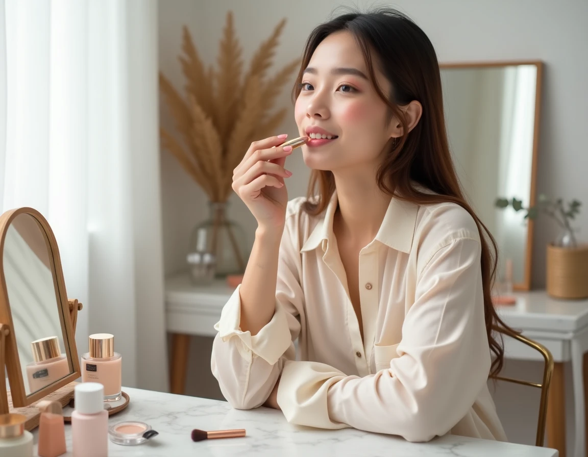Jeune femme appliquant son maquillage devant un miroir en laiton dans une chambre lumineuse et décorée avec soin
