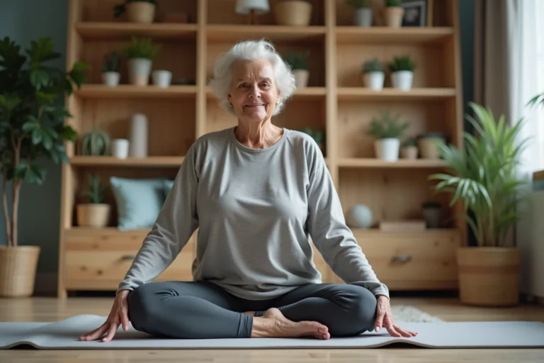 Femme senior souriante faisant du yoga chez elle