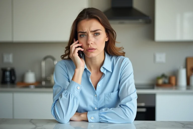 Femme au téléphone cherchant à contacter le service client Uber Eats depuis sa cuisine