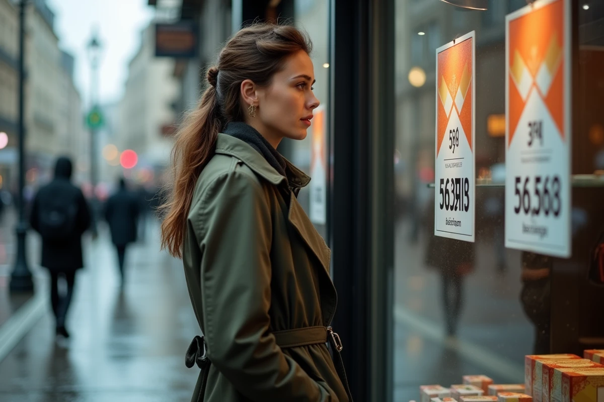 Femme regardant les prix des cigarettes affichés dans une vitrine de tabac à Zurich sous la pluie