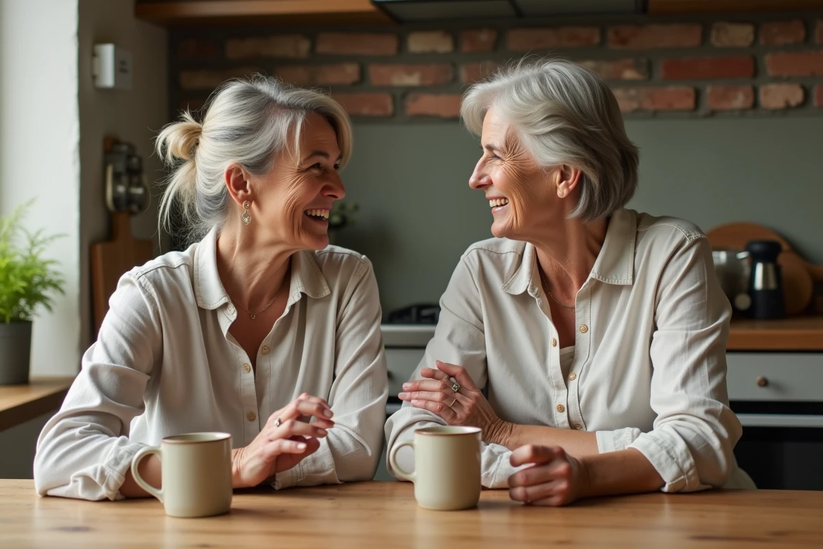 Deux femmes d'une cinquantaine d'années discutant des changements physiques liés à la ménopause autour d'une table