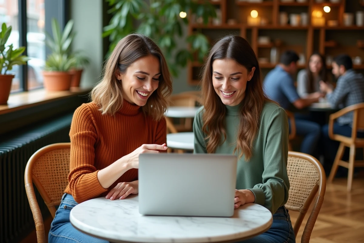 Deux femmes découvrant ensemble des inspirations déco sur un ordinateur portable dans un café parisien