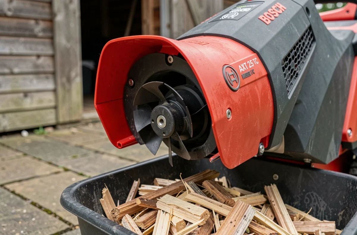 Gros plan sur le mécanisme de coupe et le bac de collecte de copeaux du broyeur Bosch AXT 25 TC