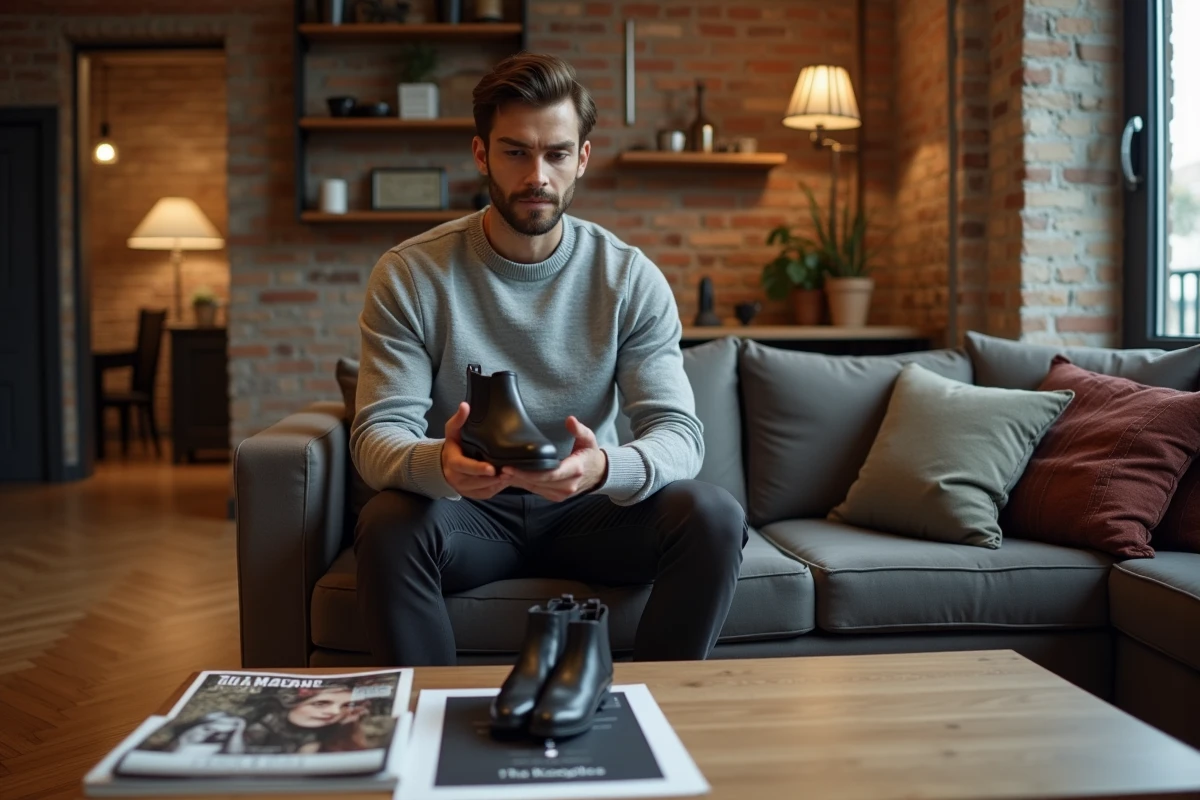Homme comparant une chaussure The Kooples avec un guide des tailles dans un appartement urbain