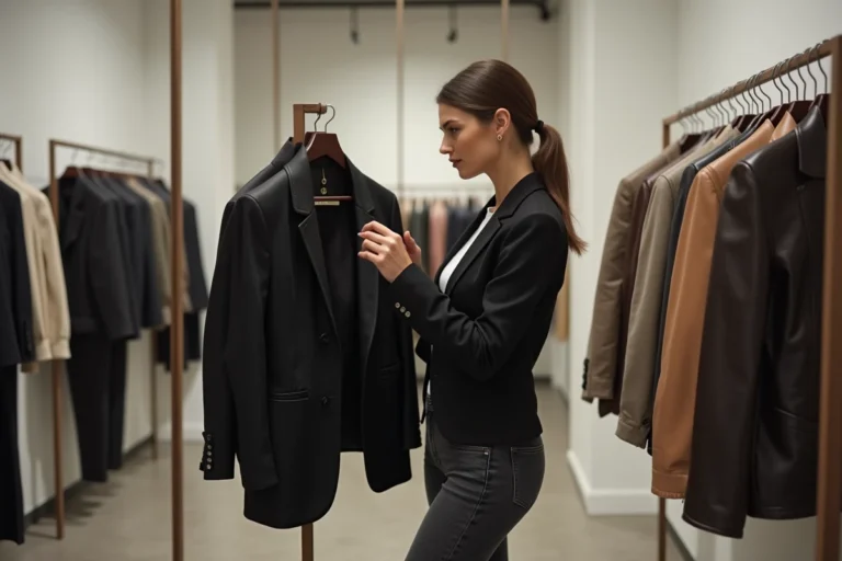 Femme consultant l'étiquette de taille d'une veste The Kooples dans une boutique parisienne minimaliste