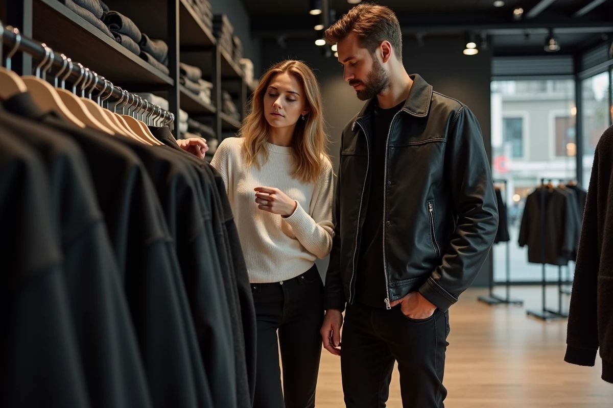 Deux amis consultant les tailles de vêtements The Kooples dans un concept store contemporain