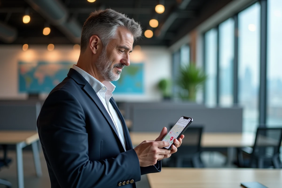 Homme d'affaires consultant une application de recherche immobilière sur son smartphone dans un espace de coworking avec vue sur la ville