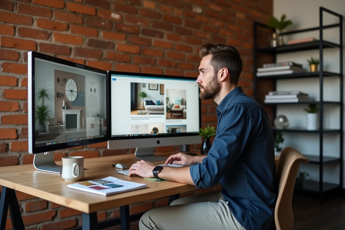 Homme explorant des pages d'un blog déco sur un écran d'ordinateur dans un bureau créatif à domicile