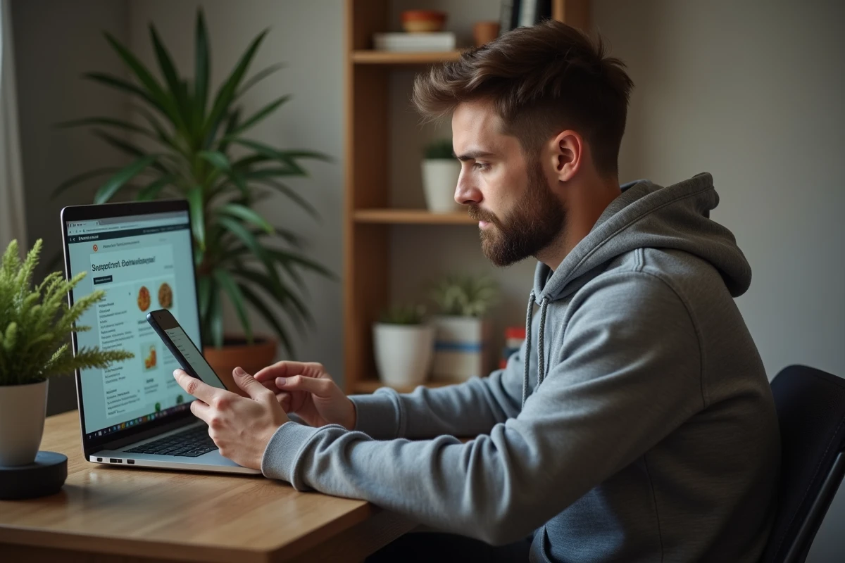 Homme contactant le support Uber Eats par téléphone depuis son bureau à domicile