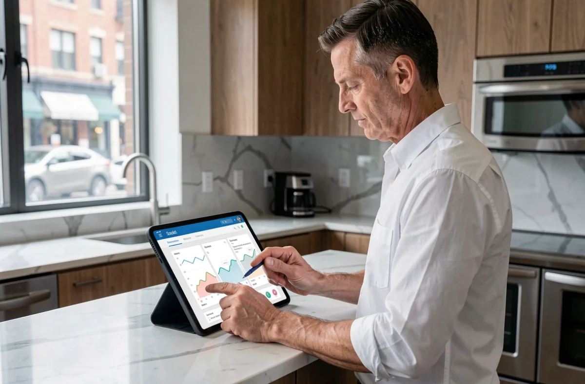 Homme gérant des biens immobiliers en ligne via une tablette dans une cuisine moderne